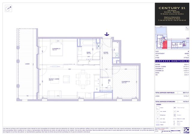 Appartement T3 à vendre - 3 pièces - 59.77 m2 - MEYTHET - 74 - RHONE-ALPES - Century 21 Cd Immo