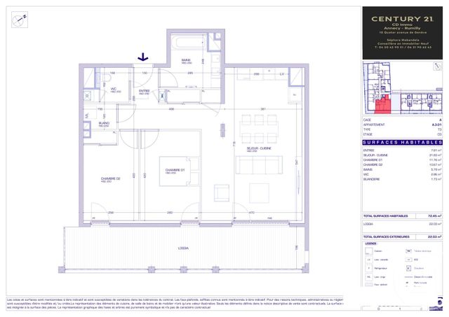 Appartement T3 à vendre - 3 pièces - 72.45 m2 - MEYTHET - 74 - RHONE-ALPES - Century 21 Cd Immo