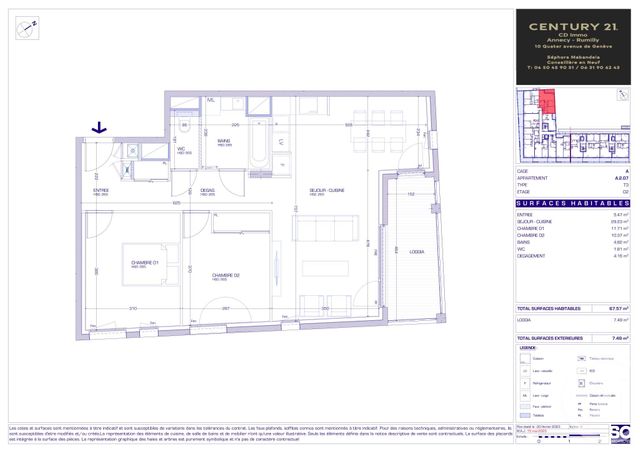 Appartement T3 à vendre - 3 pièces - 67.57 m2 - MEYTHET - 74 - RHONE-ALPES - Century 21 Cd Immo