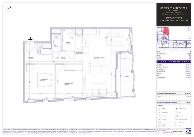 Appartement T3 à vendre - 3 pièces - 67.57 m2 - MEYTHET - 74 - RHONE-ALPES - Century 21 Cd Immo