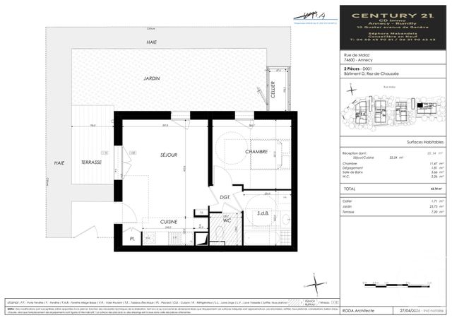 Appartement T2 à vendre - 2 pièces - 43.74 m2 - SEYNOD - 74 - RHONE-ALPES - Century 21 Cd Immo