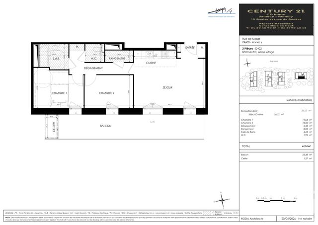 Appartement T3 à vendre - 3 pièces - 62.94 m2 - SEYNOD - 74 - RHONE-ALPES - Century 21 Cd Immo