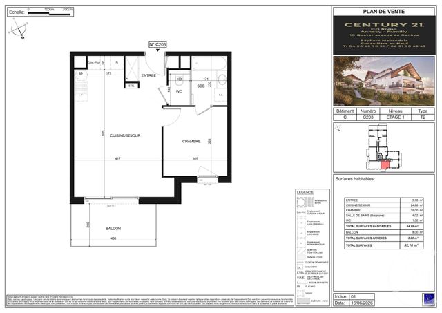 Appartement T2 à vendre - 2 pièces - 44.18 m2 - POISY - 74 - RHONE-ALPES - Century 21 Cd Immo