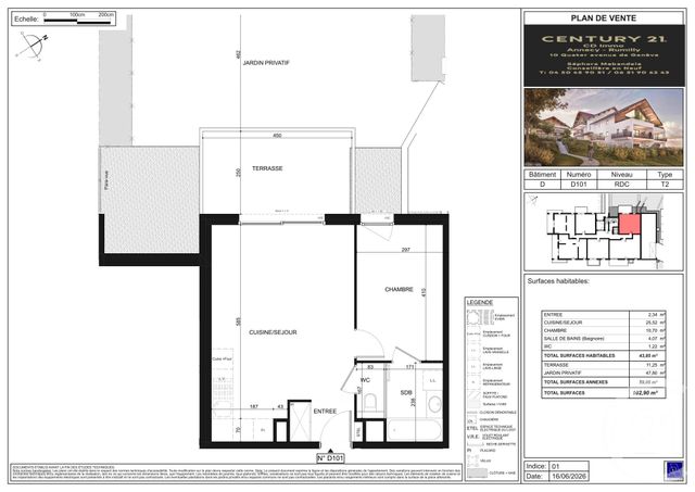 Appartement T2 à vendre - 2 pièces - 43.85 m2 - POISY - 74 - RHONE-ALPES - Century 21 Cd Immo