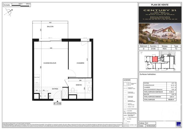 Appartement T2 à vendre - 2 pièces - 41.08 m2 - POISY - 74 - RHONE-ALPES - Century 21 Cd Immo