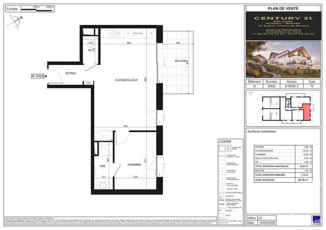 Appartement T2 à vendre - 2 pièces - 45.0 m2 - POISY - 74 - RHONE-ALPES - Century 21 Cd Immo