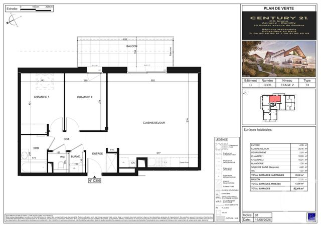 Appartement T3 à vendre - 3 pièces - 70.36 m2 - POISY - 74 - RHONE-ALPES - Century 21 Cd Immo