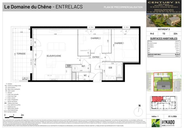 Appartement T3 à vendre - 3 pièces - 63.19 m2 - ENTRELACS - 73 - RHONE-ALPES - Century 21 Cd Immo