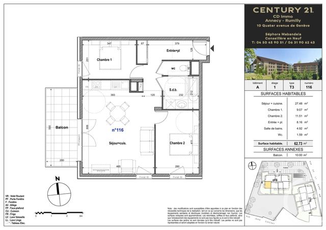 Appartement T3 à vendre - 3 pièces - 62.73 m2 - FAVERGES SEYTHENEX - 74 - RHONE-ALPES - Century 21 Cd Immo