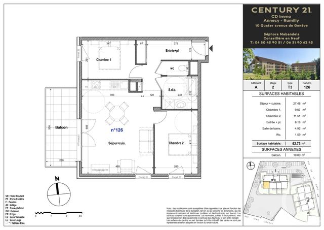 Appartement T3 à vendre - 3 pièces - 62.73 m2 - FAVERGES SEYTHENEX - 74 - RHONE-ALPES - Century 21 Cd Immo