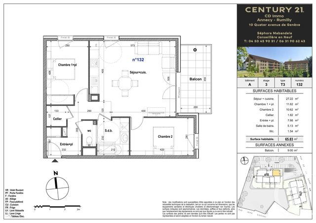 Appartement T3 à vendre - 3 pièces - 65.83 m2 - FAVERGES SEYTHENEX - 74 - RHONE-ALPES - Century 21 Cd Immo