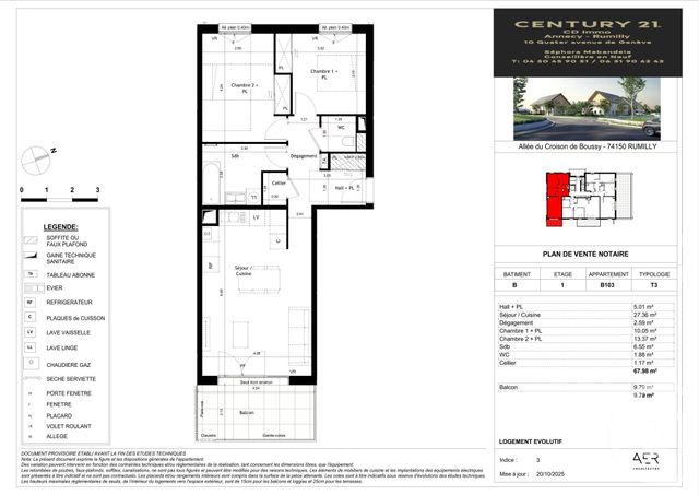 Appartement T3 à vendre - 3 pièces - 67.98 m2 - RUMILLY - 74 - RHONE-ALPES - Century 21 Cd Immo